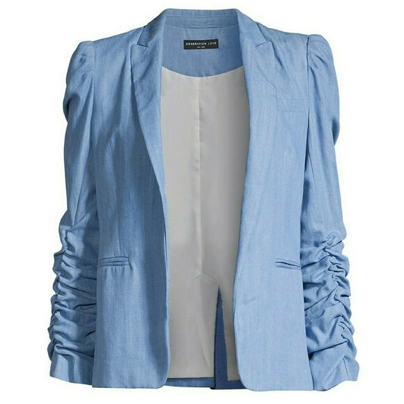 GENERATION LOVE Juniper blue open front blazer ruched sleeve jacket Size L NEW - Picture 9 of 9